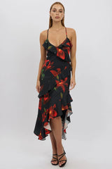 Black Floral Midi Dress Ruffle Detail