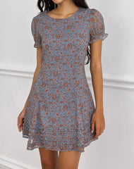 Koharu Mini Dress in Shadow Blossom Blue Chiffon