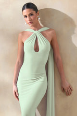 Rhoda | Mint Twist Halter-Neck Cape Maxi Dress