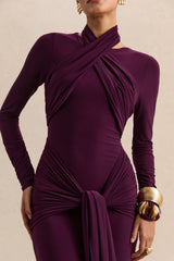 Linessa | Dark Plum High-Neck Maxi Dress With Sash And Gathered-Detailing