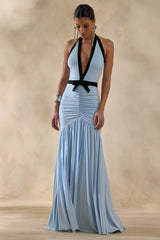 Cosmina | Powder Blue Plunge-Neck Maxi Dress With Bow-Detail