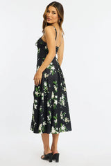 Black Floral Midi Dress Gathered Bust
