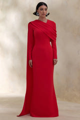 Heliora | Red V-Neck Maxi Dress With Sash And Draped-Detail