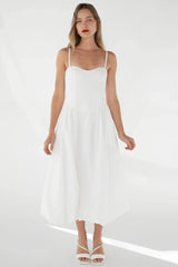 COTTON POPLIN V-WAIST BUBBLE HEM MIDI DRESS