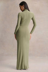 Persis | Olive High-Neck Maxi Dress With Gathered Detailing
