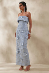 Misha | Light Blue 3D Floral Bandeau Maxi Dress