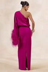 Felicity | Hot Pink Satin Asymmetric-Neck Maxi Dress With Feather Detailing