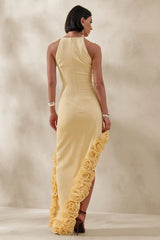 Indira | Lemon Halter-Neck Maxi Dress With Asymmetric-Floral Hem