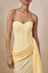 Nalira | Lemon Satin Bandeau Maxi Dress With Draped Skirt
