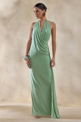 Rosina | Sage Halter-Neck Draped Maxi Dress With Sash