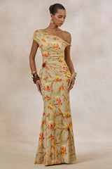 Asiya | Orange Floral Asymmetric-Neck Twist Strap Maxi Dress With Gathered Detailing