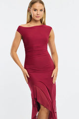 Red Maxi Dress Asymmetric Shoulder Mesh