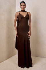 Starling | Brown Matte Satin Plunge-Neck Maxi Dress With Scarf-Detail