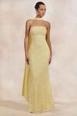 Massima | Lemon Lace Bandeau Maxi Dress With Scarf-Detail