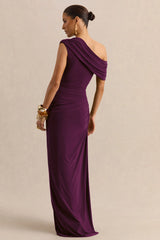 Avialee | Dark Plum Asymmetric-Neck Maxi Dress With Gathered-Detailing And Sash
