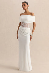 Forsya | White Bardot-Neck Maxi Dress With Lace-Detailing