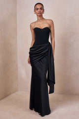 Nalira | Black Satin Bandeau Maxi Dress With Draped Skirt