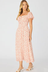 White Ditsy Midi Dress Puff Sleeve