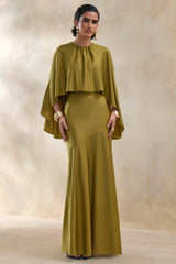 Vanthea | Olive Satin Round-Neck Maxi Dress With Cape-Sleeves