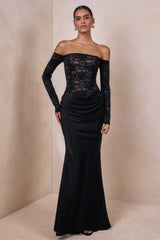 Rinna | Black Lace And Satin Bardot-Neck Maxi Dress