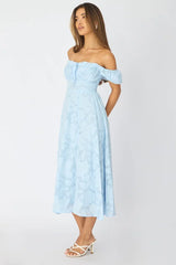Blue Midi Dress Puff Sleeve