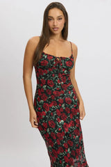 Red Floral Midi Dress Bias Chiffon