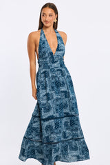 Blue Boho Maxi Dress Halter Neck