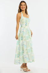 Green Abstract Maxi Dress Halter Neck