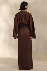 Delphina | Brown Satin Maxi Dress With Gathered And Knot-Detail