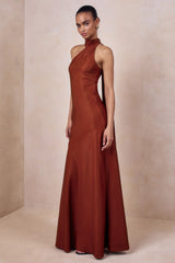 Cara | Rust Matte Satin High-Neck Maxi Dress