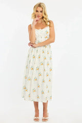 White Floral Midi Dress Gathered Bust Lace Trim