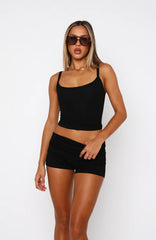 Let's Catch Up Fold Over Booty Shorts Black