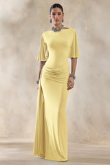 Emerelle | Lemon Wide-Neck Maxi Dress With Sash And Draped-Detailing