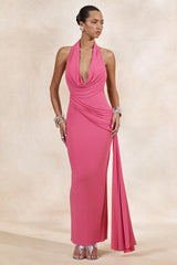 Maude | Pink Plunge-Neck Ruched Maxi Dress With Sash