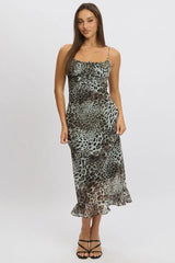 Brown Animal Print Midi Dress Bias Chiffon