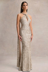 Renelle | Gold Sequin Halter-Neck Maxi Dress