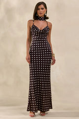 Emaria | Brown Polka-Dot Satin Cowl-Maxi Dress With Scarf