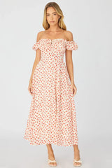 White Ditsy Midi Dress Puff Sleeve