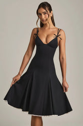 Bow-Detail A-Line Midi Dress in Black