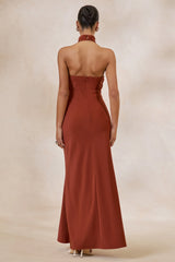 Canella | Rust Satin Halter-Neck Maxi Dress With Sash-Detail