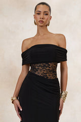 Forsya | Black Bardot-Neck Maxi Dress With Lace-Detailing