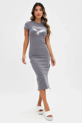 Grey Midi Dress Short Sleeve Crew Neck Bodycon Eagle