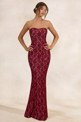 Mirellia | Dark Red Lace Sweetheart-Neck Maxi Dress