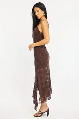 Brown Midi Dress Asymmetric Hem Lace