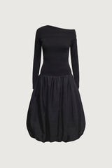 LONG SLEEVE OFF THE SHOULDER BUBBLE HEM MIDI DRESS