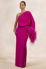 Felicity | Hot Pink Satin Asymmetric-Neck Maxi Dress With Feather Detailing