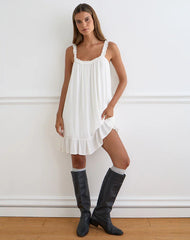 Elowen Frill Mini Dress in Crinkle Off White