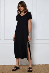 Black Maxi Dress Short Sleeve V Neck