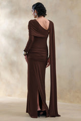 Trisara | Brown Asymmetric-Neck Maxi Dress With Gathered-Detailing And Sash
