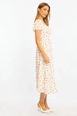 Red Ditsy Midi Dress Puff Sleeve